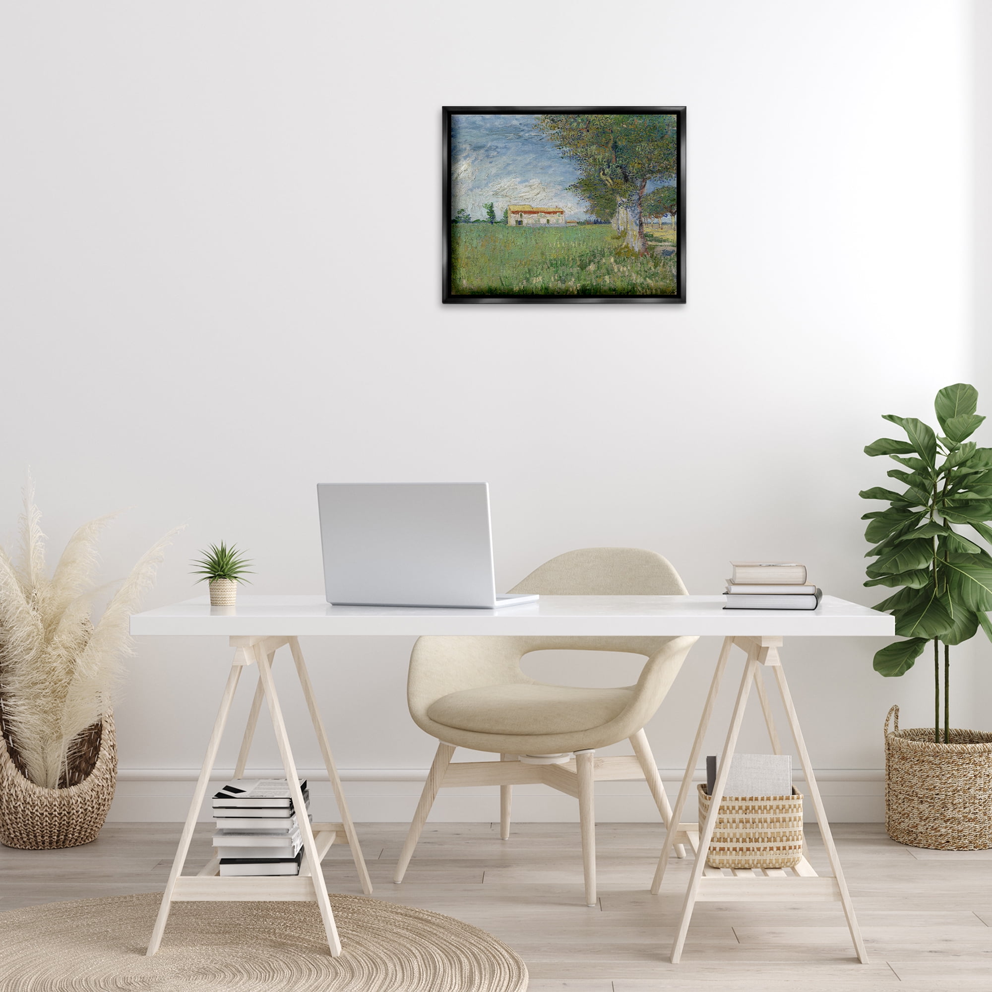 Stupell Industries Van Gogh Farmhouse in Corn Landscape & Nature Painting Black Floater Framed Canvas Art Print Wall Art, 21 x 17