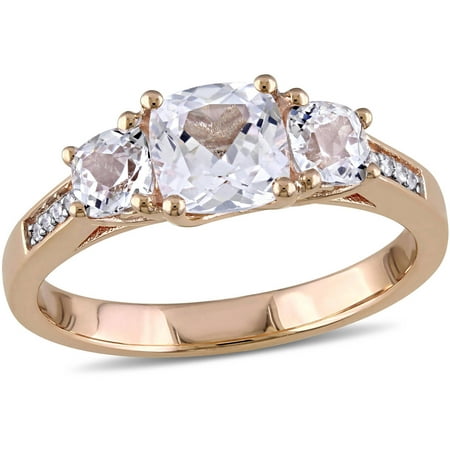 2 Carat T.G.W. Cushion-Cut Created White Sapphire and Diamond-Accent 10kt Rose Gold Three-Stone Engagement