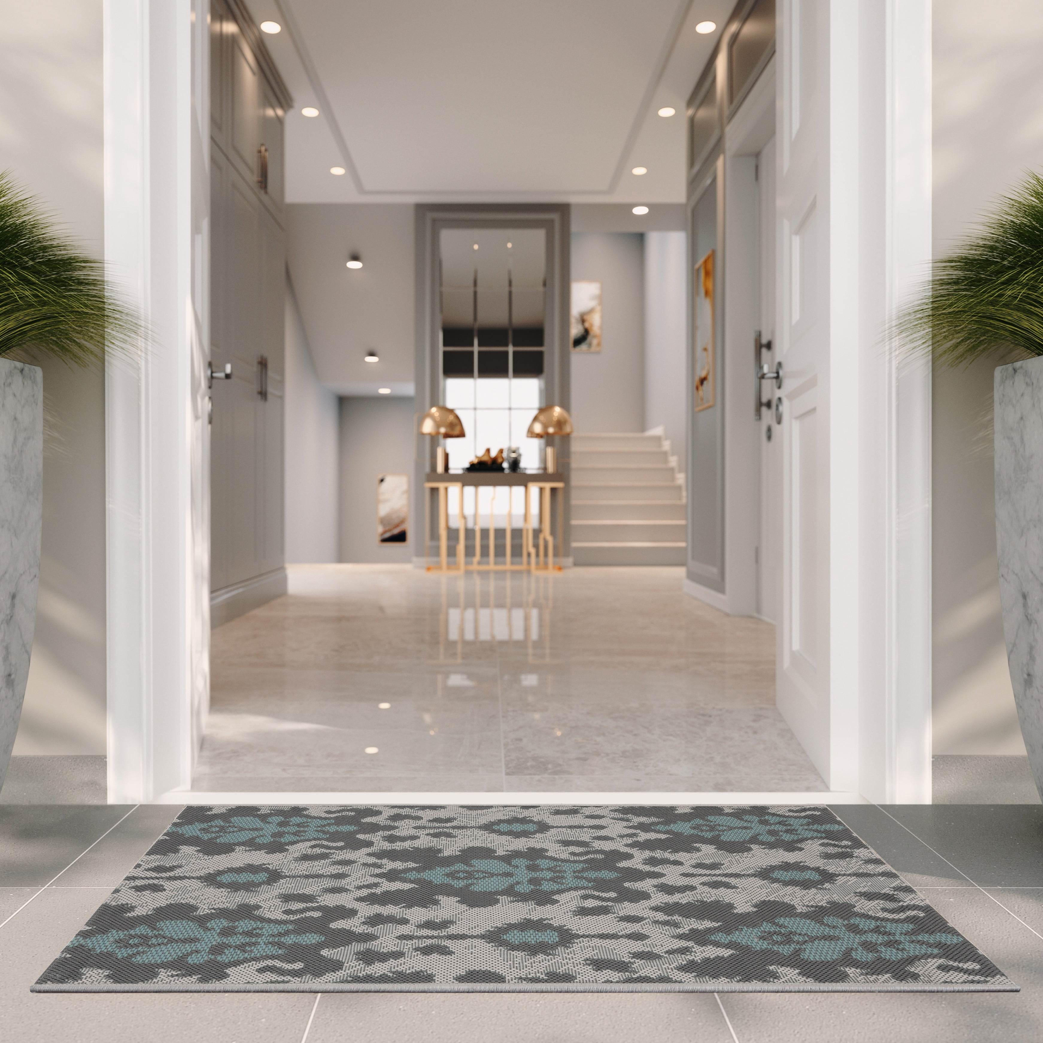 Safavieh Courtyard Vivienne Geometric Indoor/Outdoor Area Rug, Light Gray/Anthracite/Aqua, 4' x 5'7"