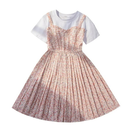 

Booker Girls Summer Floral Backstrap Pleated Dress Short Sleeve Crew Neck A Swing Casual Daily Going Out