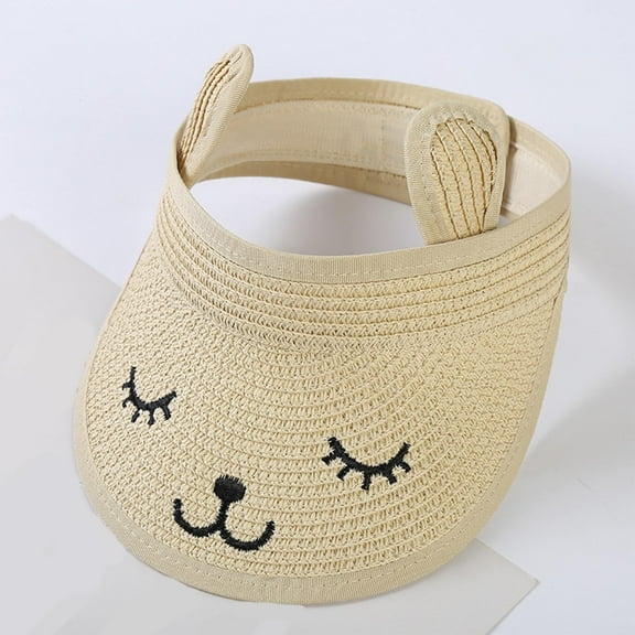 Delliss Baby Girls Boys Roll-up Straw Hat Sun Visor Hat for Kids Wide Brim Cute Bunny Ponytail Summer Beach Adjustable Sun Hat Open Top Visor Hat