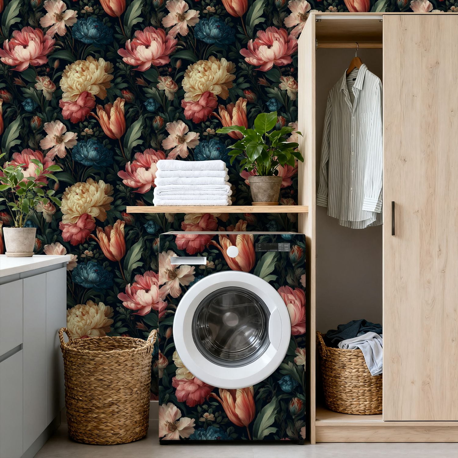 Peel and Stick Wallpaper 17.7in x 9.8ft Elegant Floral Bouquet Soft Pink Blue Blossoms Dark Contact Paper Vinyl Self-Adhesive Removable Wall Paper for Bedroom DIY Home Decor Renter Friendly