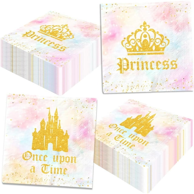 Czcpp-40 Pcs Serviettes de Princesse Once Upon A Time Serviettes de Fête Roses et Dorées Serviettes en Papier Vaisselle de Fête Princesse Serviettes d'Anniversaire Roses Serviettes de Baby Shower Décorations de Fête d'Anniversaire Princesse
