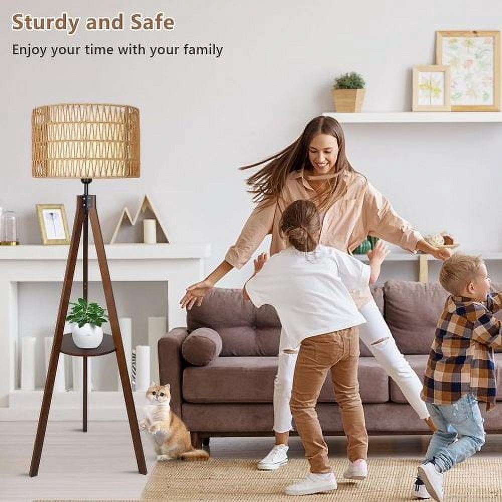 Hi-LIGHTS,Boho Tripod Floor Lamp with Shelves & ON/Off Foot Switch,Mid Century Wood Standing Lamp with Rattan & Fabric Shades,Modern Farmhouse Tall Floor Lamps for Living Room Bedroom Office(Brown)