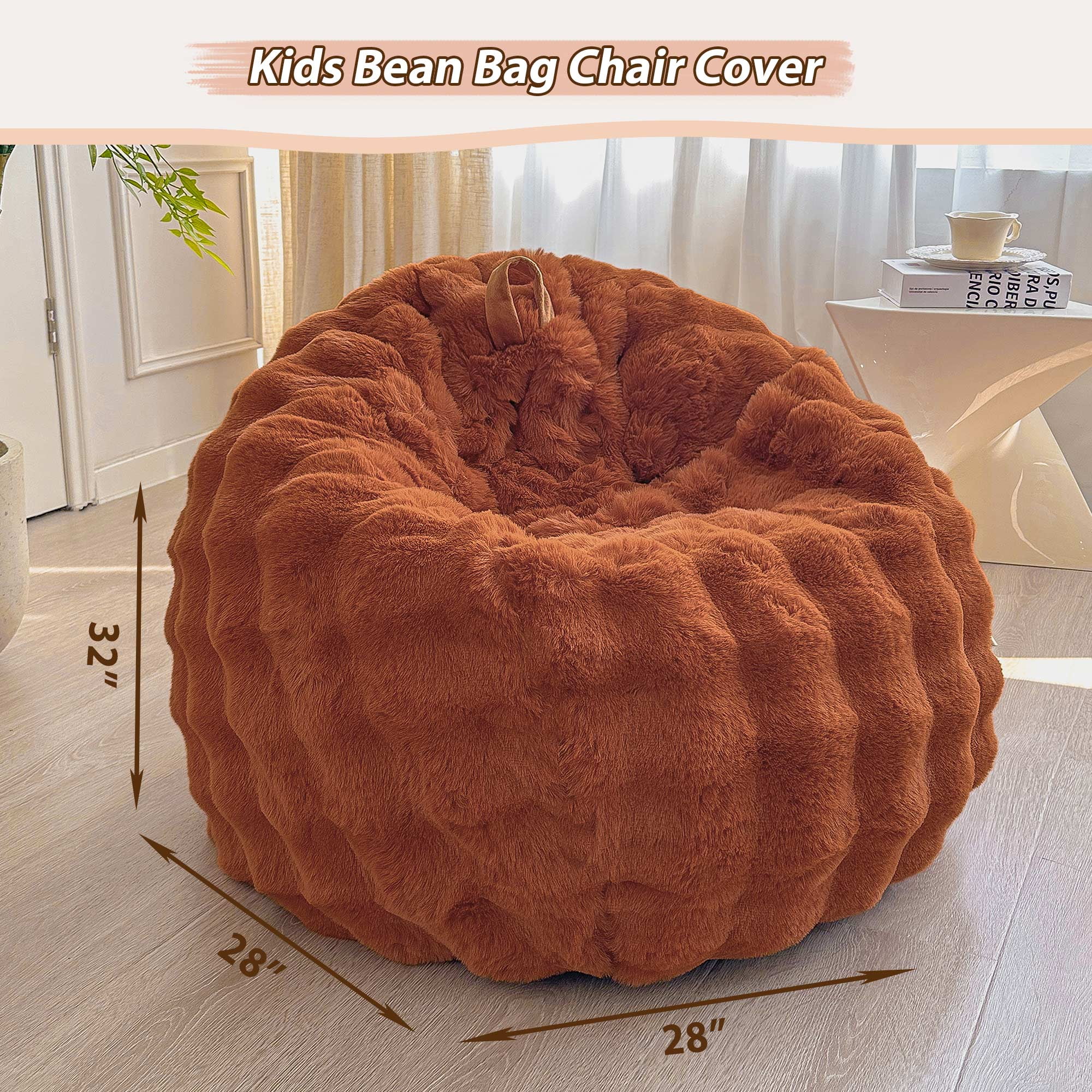 LIFEREVO Kids Fluffy Faux Rabbit Fur Bean Bag Cover (No Filler), Soft Cozy Fuzzy Stuffed Animal Storage Bubble Bean Bag for Plush Toys, Cute Shaggy Furry Beanbag Cover Girls Adults, Burnt Orange