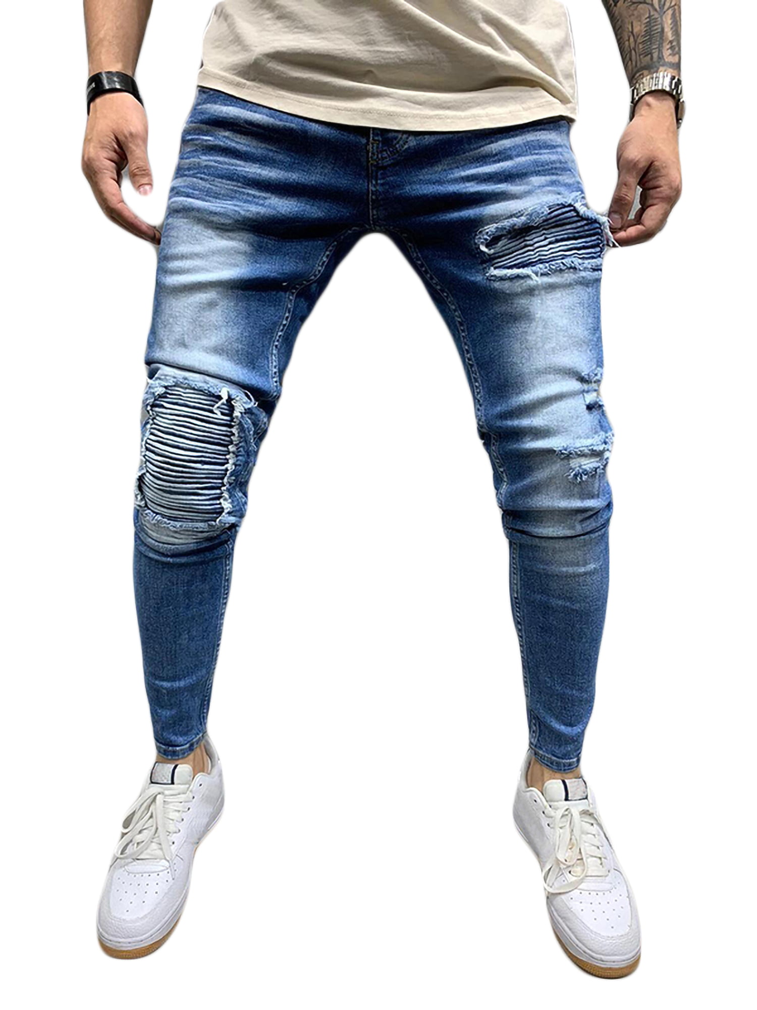 FieerMen Pencil Pants Ripped-Holes Mid-Waist Solid Color Silm Fit Casual Trousers 