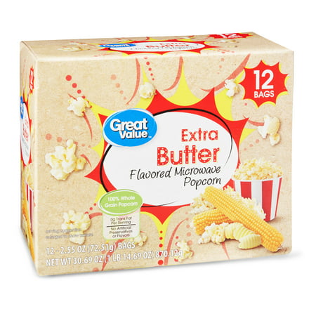 Great Value Extra Butter Flavored Microwave Popcorn, 2.55 Oz., 12 Count