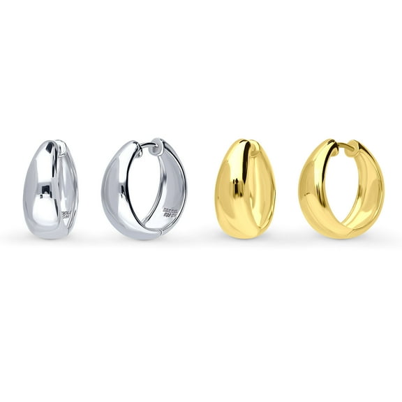 BERRICLE Sterling Silver Dome Fashion Hoop Earrings for Women, Rhodium Plated and Yellow Gold Flashed, 2 Pairs