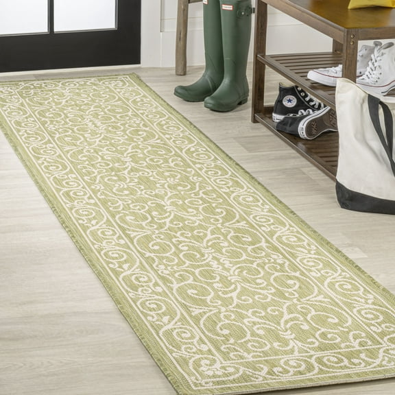 JONATHAN Y SANTA MONICA 2 x 8 Runner Rug, Charleston Vintage Filigree Textured Weave - Green/Cream, SMB106H-28