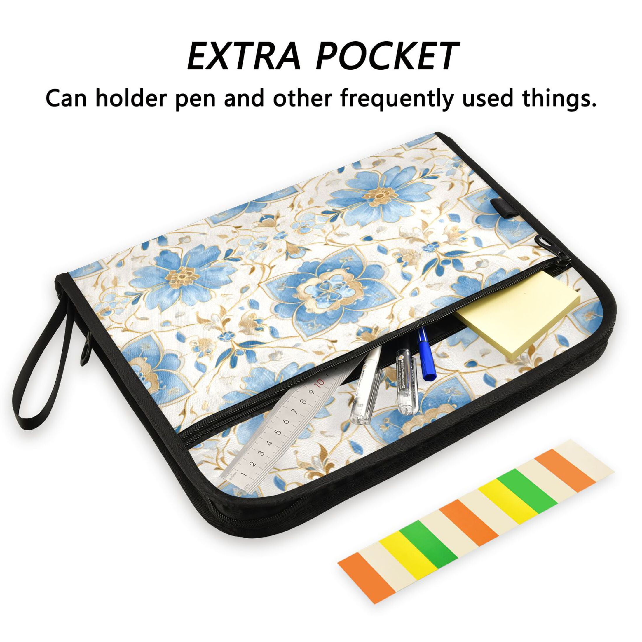 Accordion File Organizer with Zip Closure 13 Pockets Expanding File Folder Letter A4 Paper Document Organizer for Home Office Elegant and Timeless Blue Flower