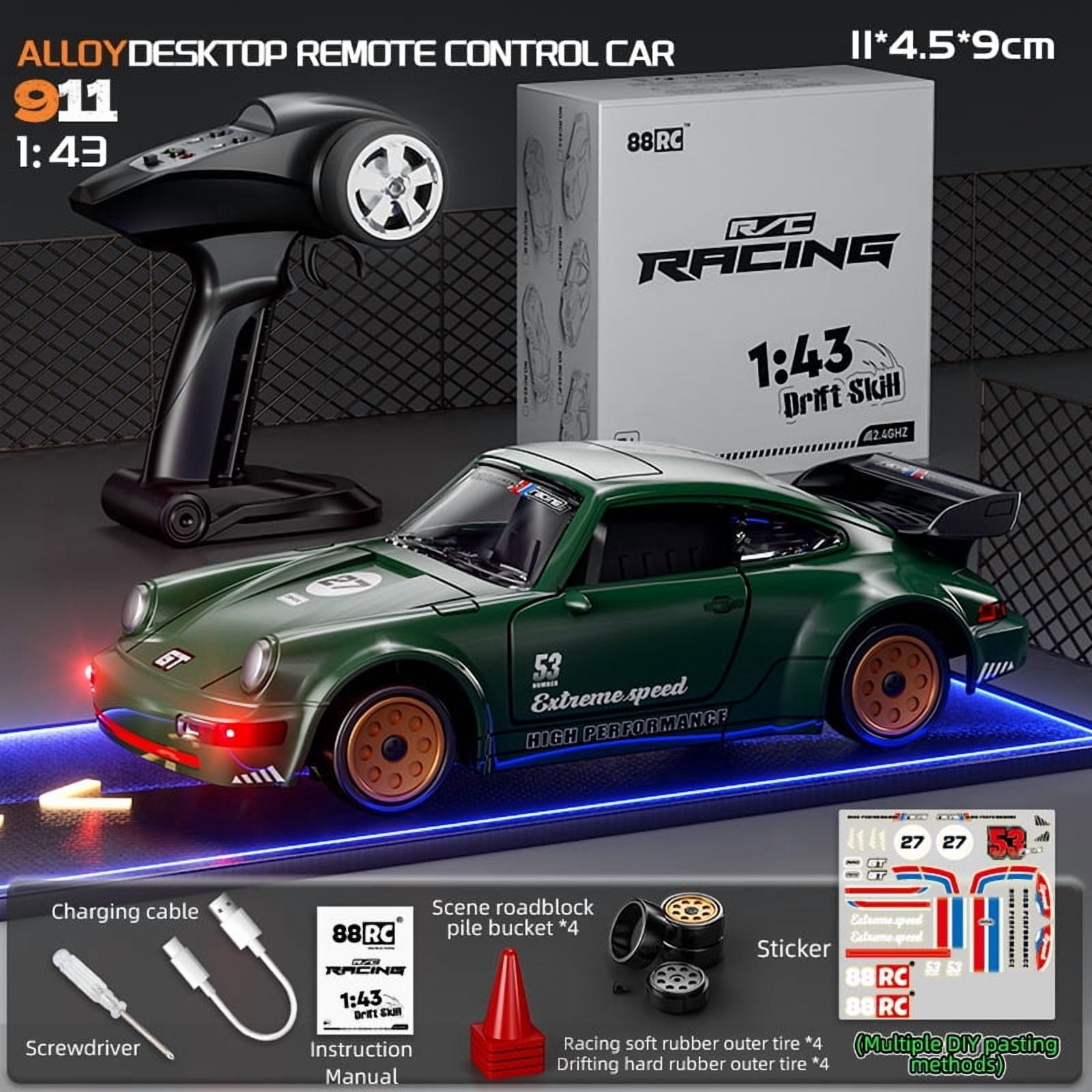 1/43 Scale RC Drift Car, 2.4GHz Remote Control Mini Car Toy Model with Door Opening, Colorful Lights, Gyroscope Auto Calibration, 4WD High Speed RC Racing Car for Adults