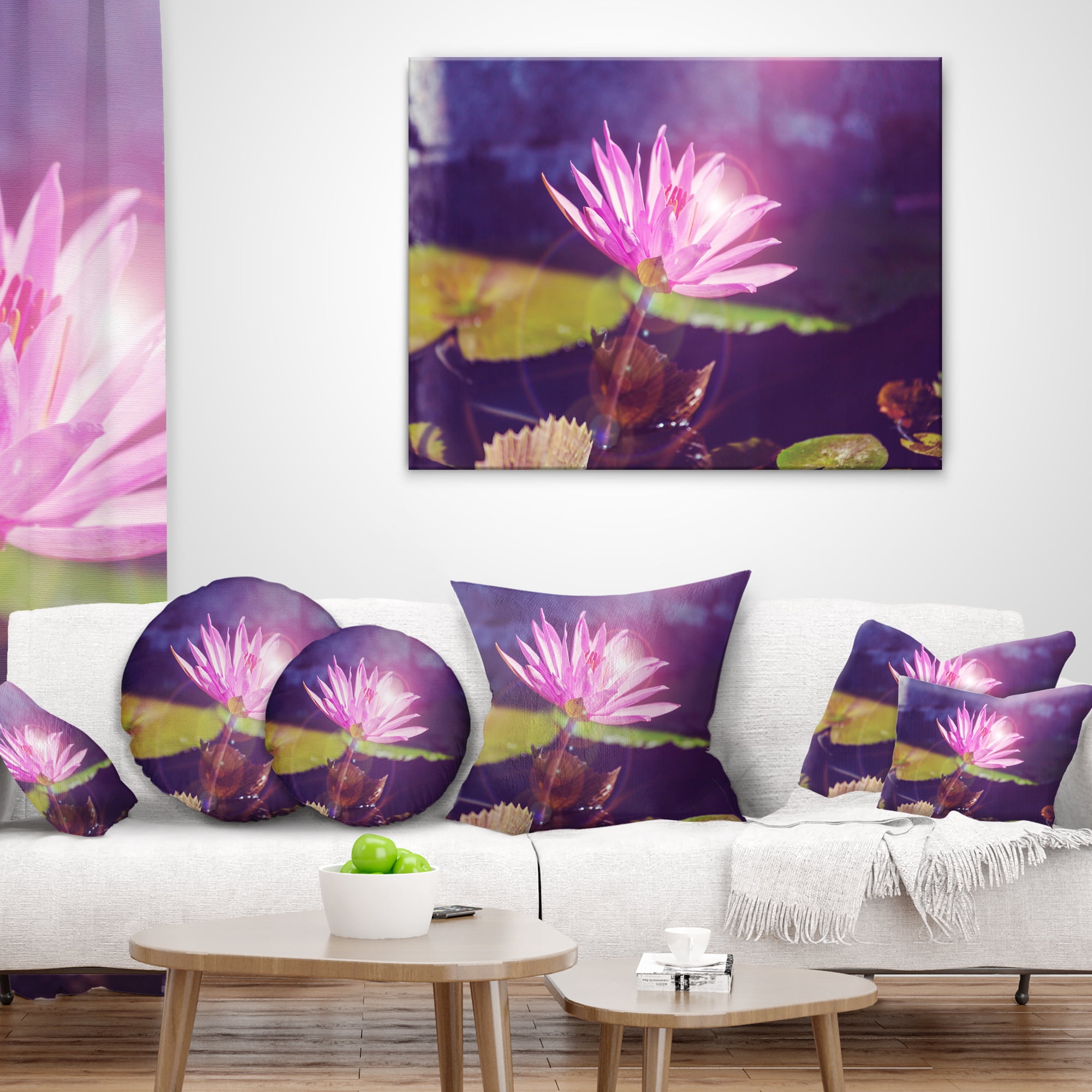 Designart Pink Lotus Flower on Blue Background - Floral Throw Pillow - 18x18