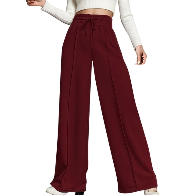 GYUJNB Summer Casual Pants for Women 2024 Women Casual Solid Color High Waist Drawstring Adjustable Waist Long Pants Loose Wide Leg Pants Stretchy Work Pants For Women,Red