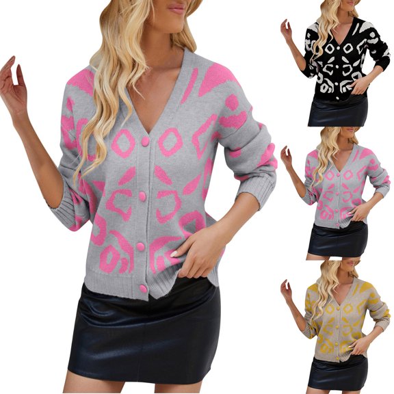 Fartey Graphic Print Cardigan Sweaters for Women Trendy Long Sleeve V Neck Open Front Dressy Casual Button Up Cardigans Cozy Fall Sweater Gray XL