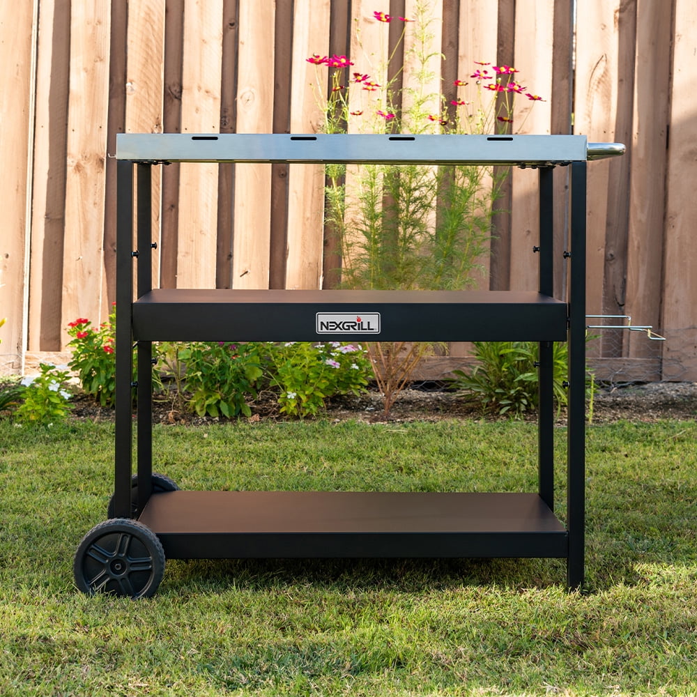 Nexgrill Outdoor Stainless Steel Food Prep Cart w/ Double Shelves, Paper Towel Holder, Hooks, Condiment Tray, Trash Bag Holder