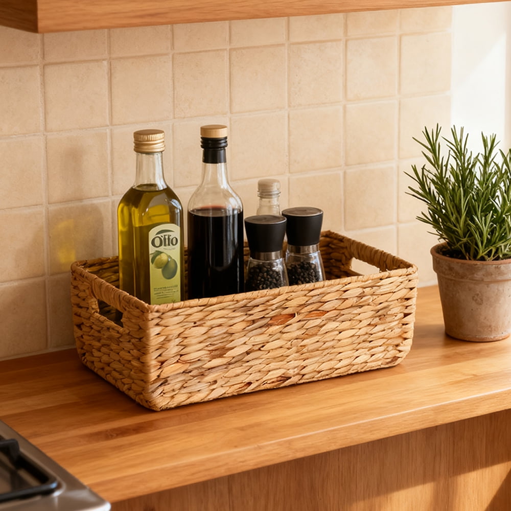 Large Rectangular Hand Woven Wicker Storage Basket Handwoven Water Hyacinth Storage Baskets (Large,17 x 12 x 6inch)
