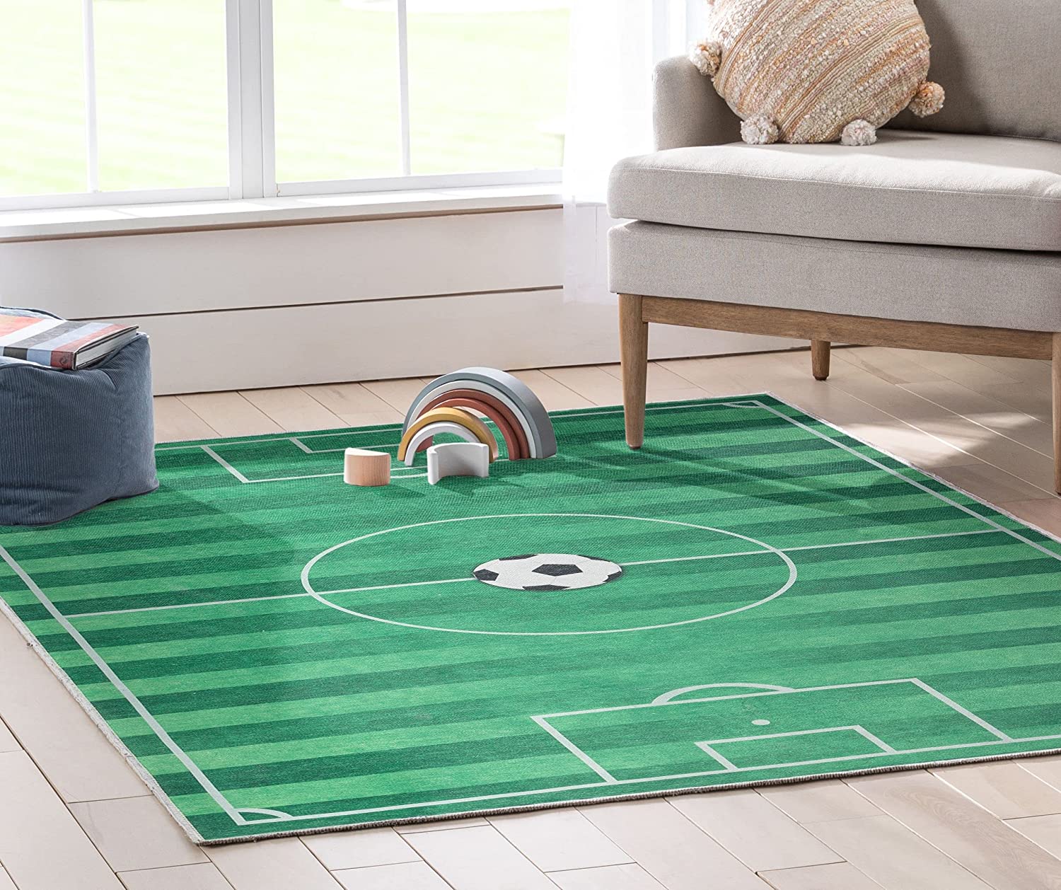 Well Woven Kids Rugs Soccer Field Modern Green Printed Distressed Machine Washable 5' x 7' Area Rug