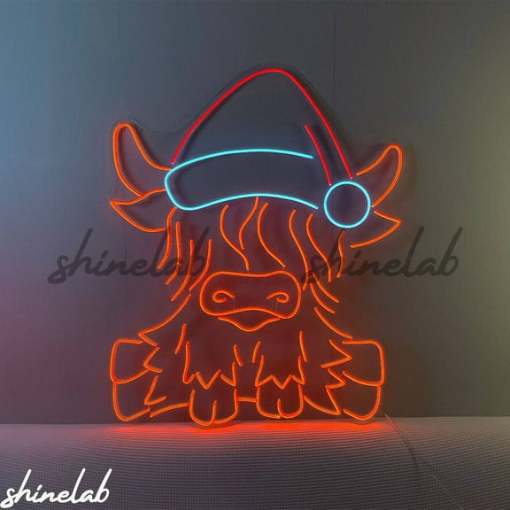 Shinelab Christmas Cow Santa Hat LED Neon Sign, Farmhouse Christmas Decor, Christmas Neon Sign