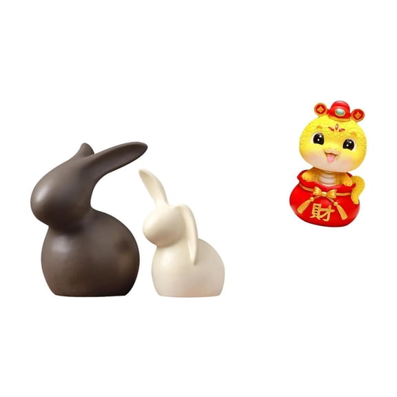 3 Piece Bunny Snake Ceramic Statue Set Unique Porcelain Craft for Easter Home Office Table Decoration