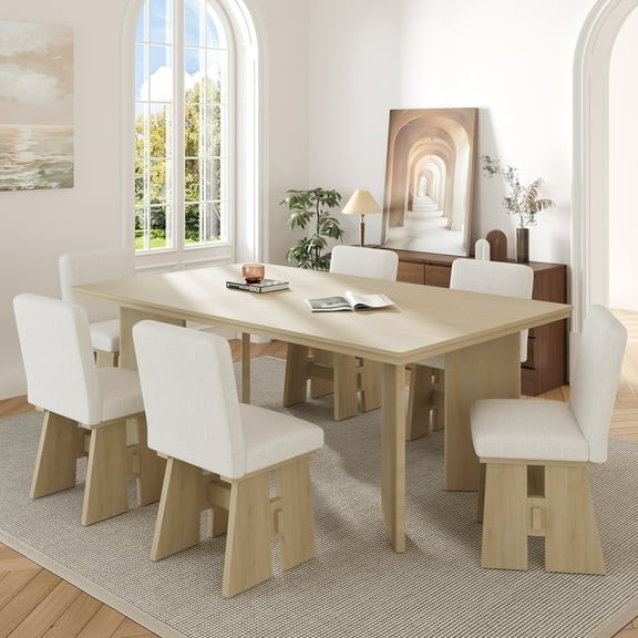 MAYEERTY Modern 7-Piece Dining Table Set with 6 Upholstered Chairs, Natural