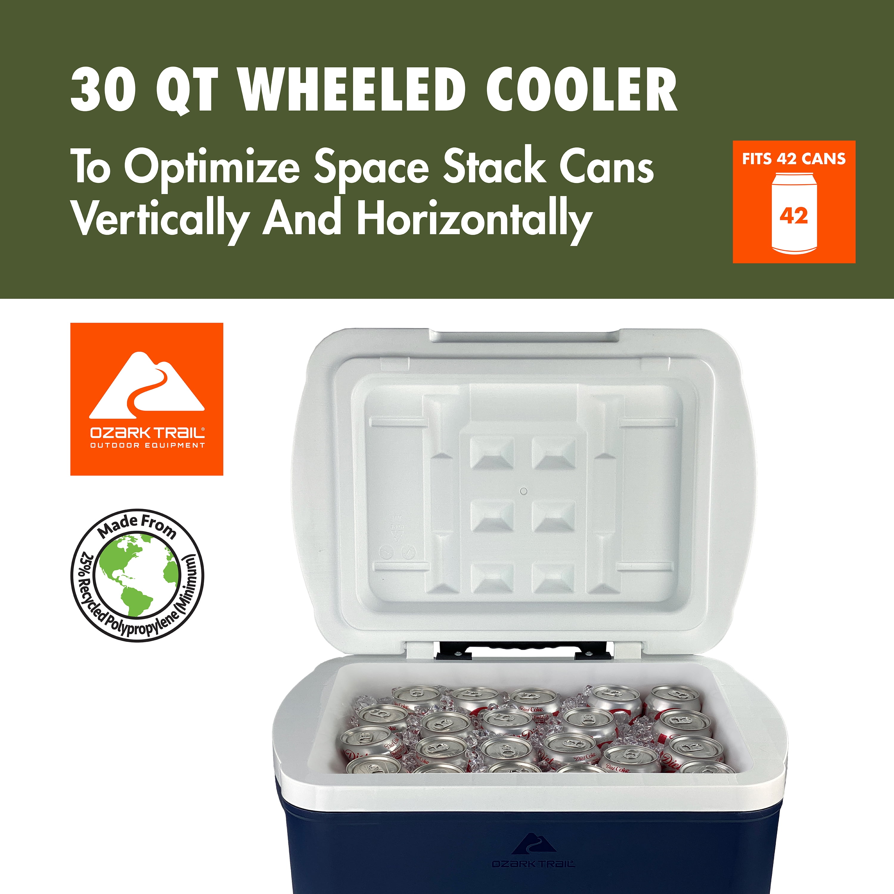 Ozark Trail 30 qt 42-Can Hard-Sided Wheeled Cooler, Blue
