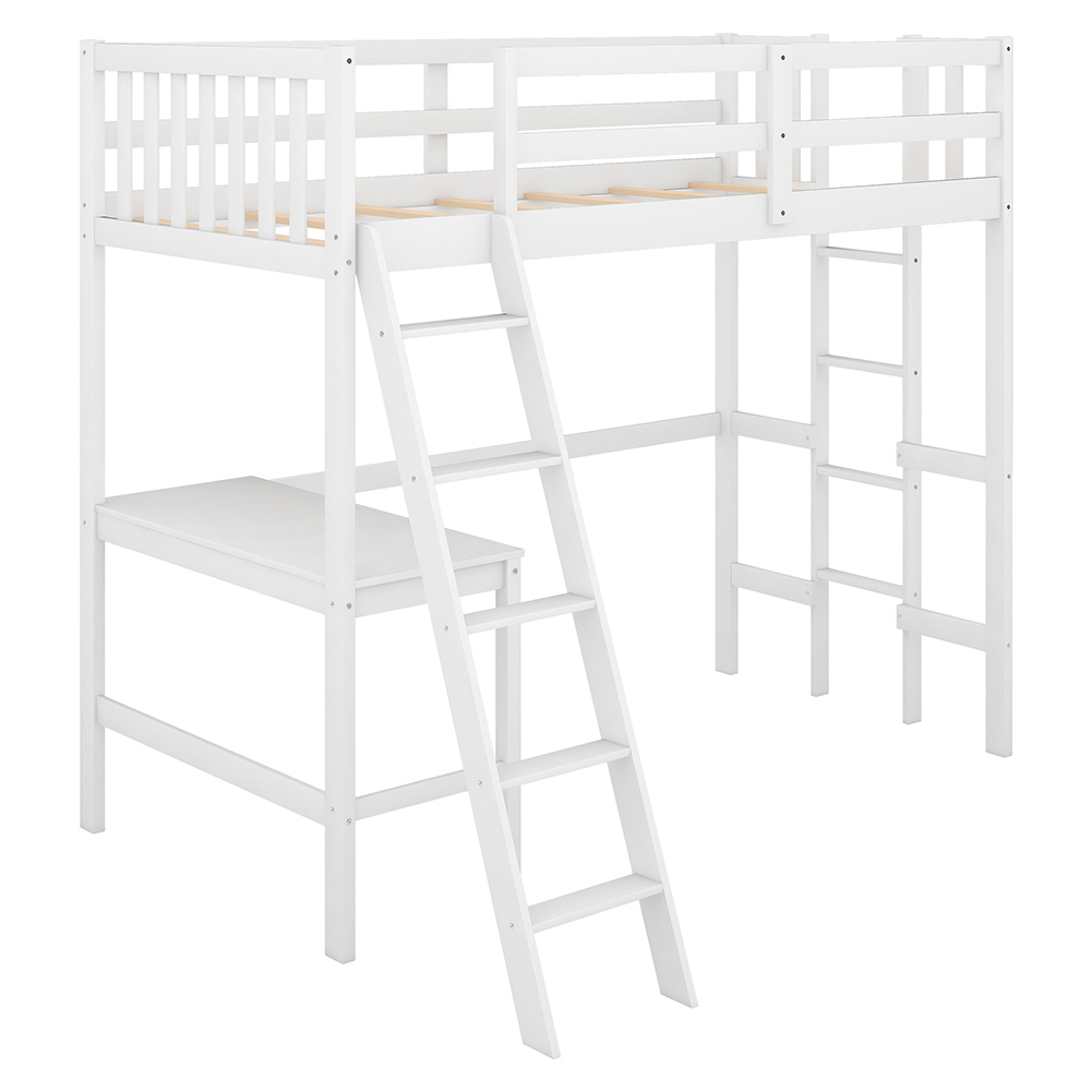 Kadyn Wood Loft Bed with Desk and Two Ladders, Twin Size Bunk Bed(White) Kadyn Wood Loft Bed with Desk and Two Ladders, Twin Size Bunk Bed(White)
