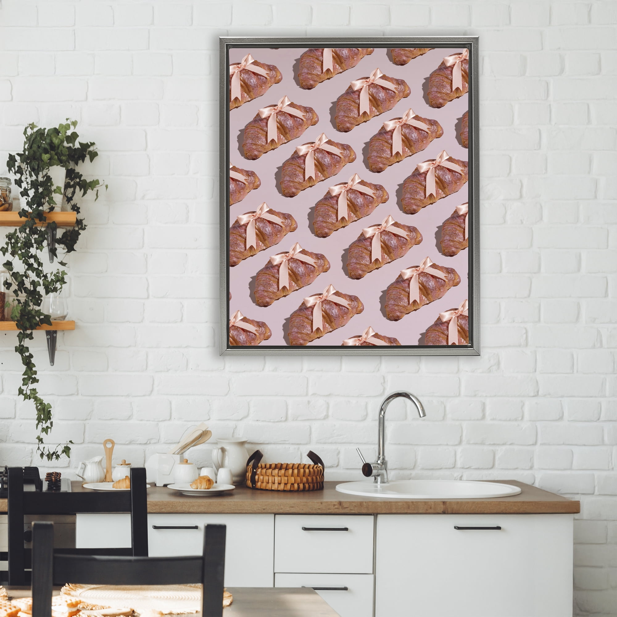 Stupell Industries Croissants with Ribbons Pattern Gray Framed Floater Canvas Wall Art, design by LISH Creative
