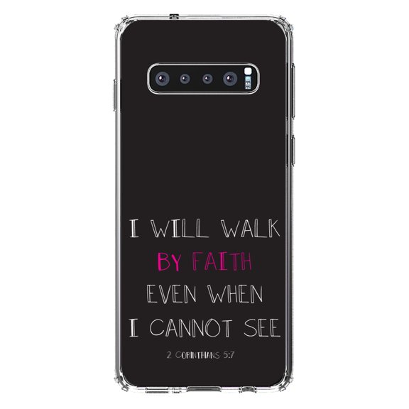 DistinctInk Clear Shockproof Hybrid Case for Samsung Galaxy S10  PLUS(6.4" Screen) - TPU Bumper, Acrylic Back, Tempered Glass Screen Protector - 2 Corinthians 5:7 - Walk By Faith Even When I Can't See