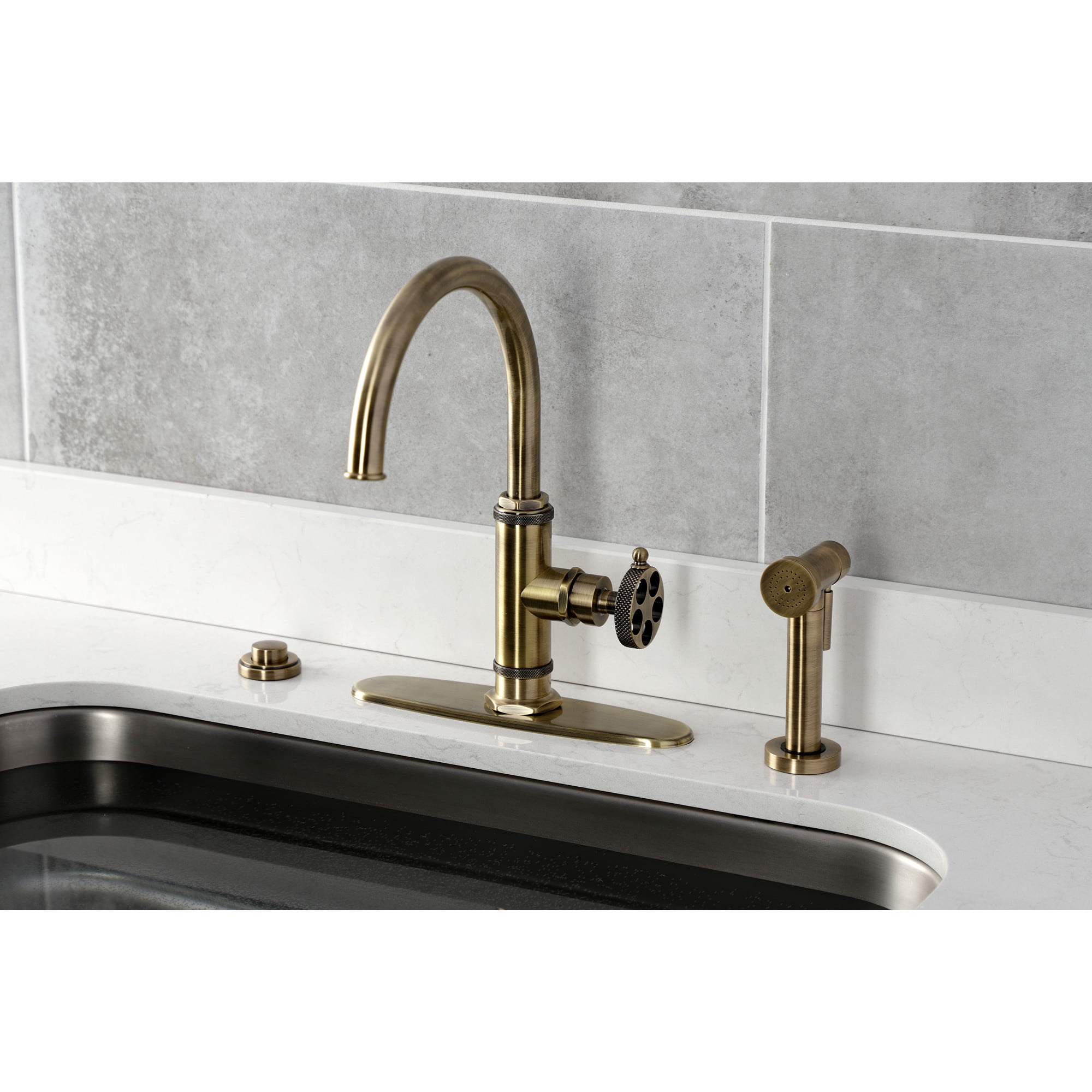 Kingston Brass KS2433RKX Webb Single-Handle Kitchen Faucet with Knurled Handle and Brass Side Sprayer, Antique Brass