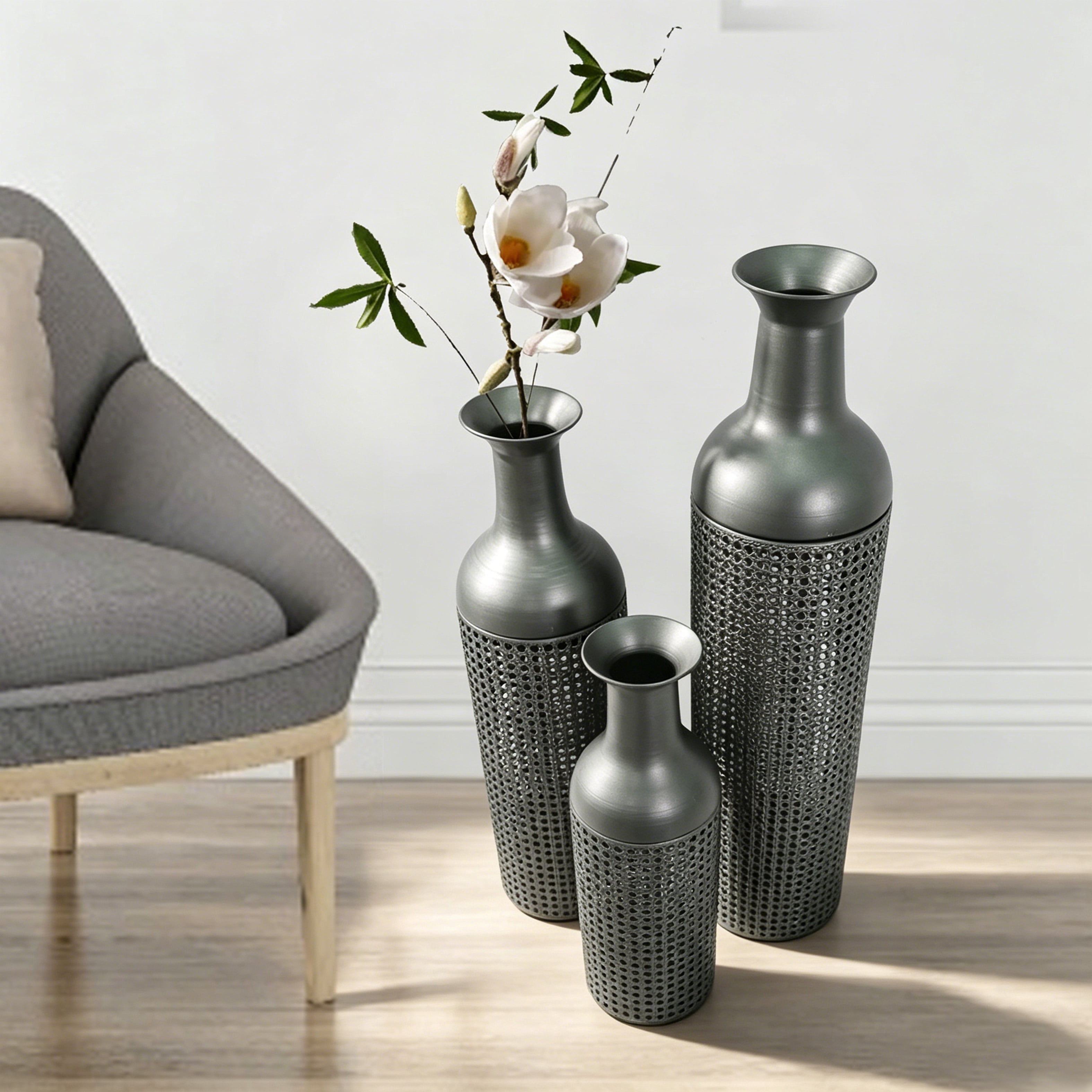Metal Floor Vases Set of 3 with Leaf Pattern, Tall Decorative Vases and Home Decor Accents for Living Room Entryway, Black Grey and Beige