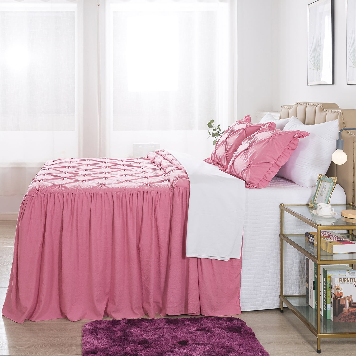JML 5 Piece Pintuck Ruffle Skirt Bedspread King Size,Woodrose Coverlet