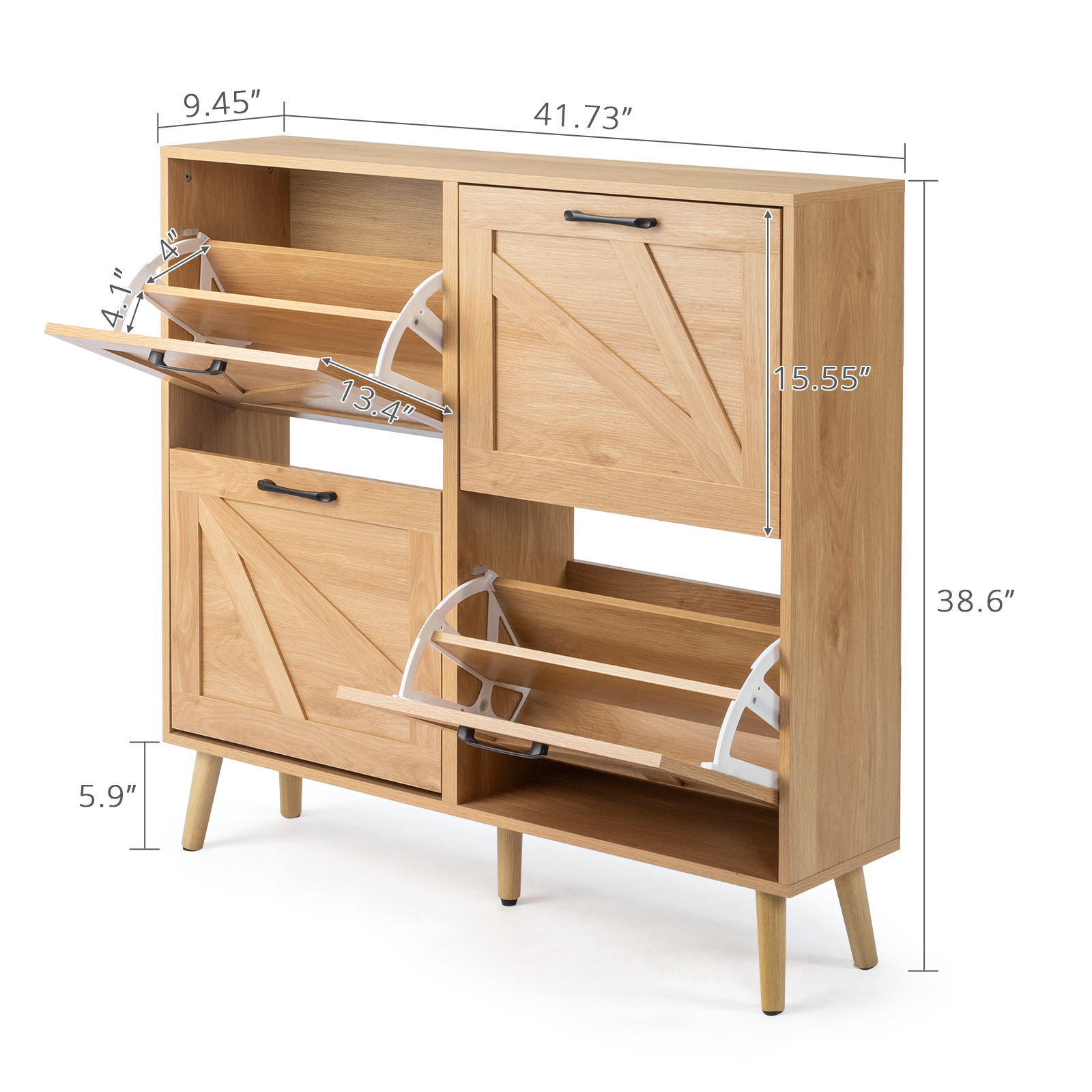 AsterOutdoor Natural Wood Finish Barn Door Flip Top Shoe Cabinet 4 Compartments Textured Relief Surface Triple Amine Laminated Particle Board Solid Wood Legs
