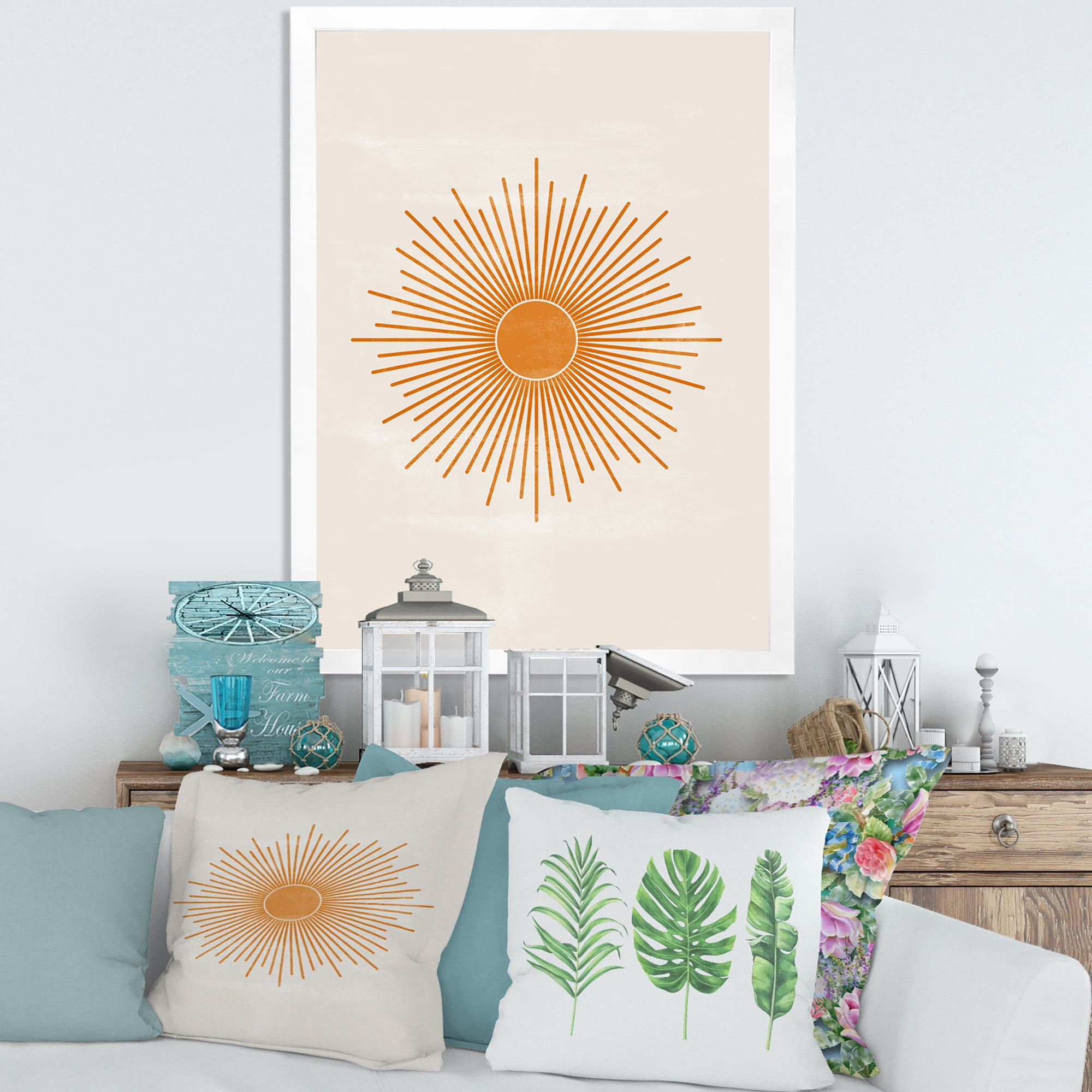 Designart 'Orange Sun Print On Beige II' Modern Framed Art Print