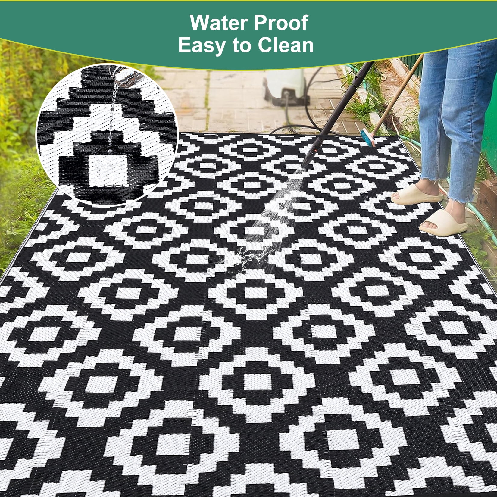 Twister.CK 9x18' Waterproof Outdoor Rug, Reversible Plastic Patio Rugs with Storage Bag, Portable Modern Indoor Outdoor Carpet for Camping, Balcony Deck Backyard, Black & White