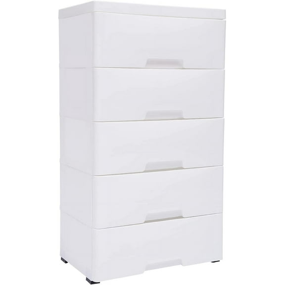 Plastic Drawers Storage Cart Mobile Cabinet with Casters, 5 Drawer Stackable Vertical Clothes Storage Tower Tall Chest Closet, Large Containers Organizer Unit (12" D x 18" W x 33" H - White)