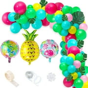 106Pcs 16Ft Tropical Hawaiian Balloon Garland Kit Jungle Luau Party Balloon Arch Garland Flamingo Palm Tree Pineapple Aluminum Balloons with Palm Leaves Strip Glue Dots for Hawaiian Party Decorations