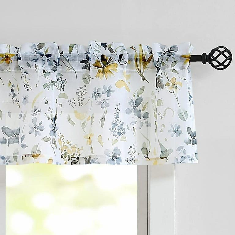 Aoselan Watercolor Fl Sheer Kitchen Curtains And Valances Set For Cafe 3 Piece Yellow Grey Flower Print Tiers Valance 24 Inch Length Rod Pocket Com