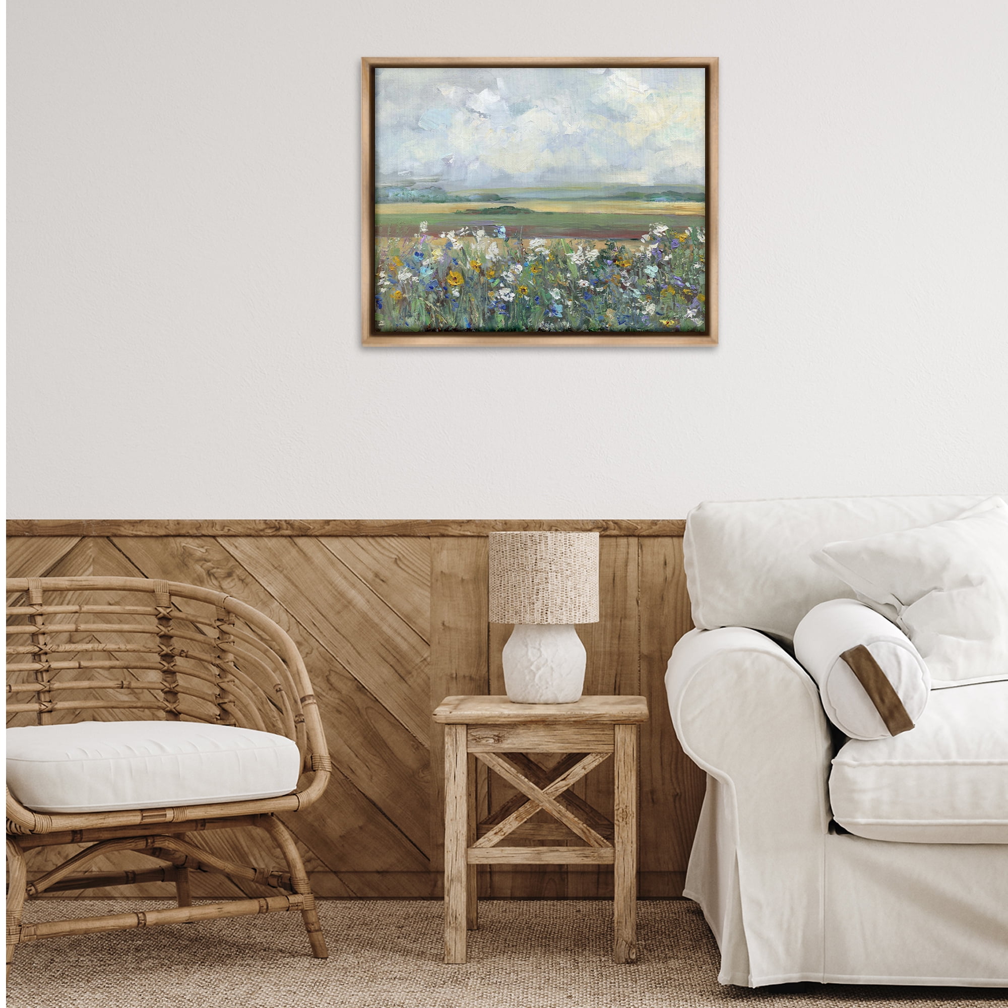 Stupell Industries County Meadow Clouds Overhead Landscape & Nature Painting Brown Floater Framed Canvas Art Print Wall Art, 25 x 31