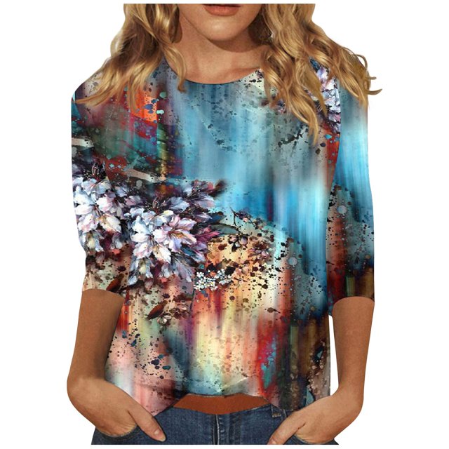 Camisas de manga 3/4 para mujer Camisetas gráficas con estampado lindo Blusas Casual Tallas grandes Tops básicos Jersey azul oscuro / 5XL