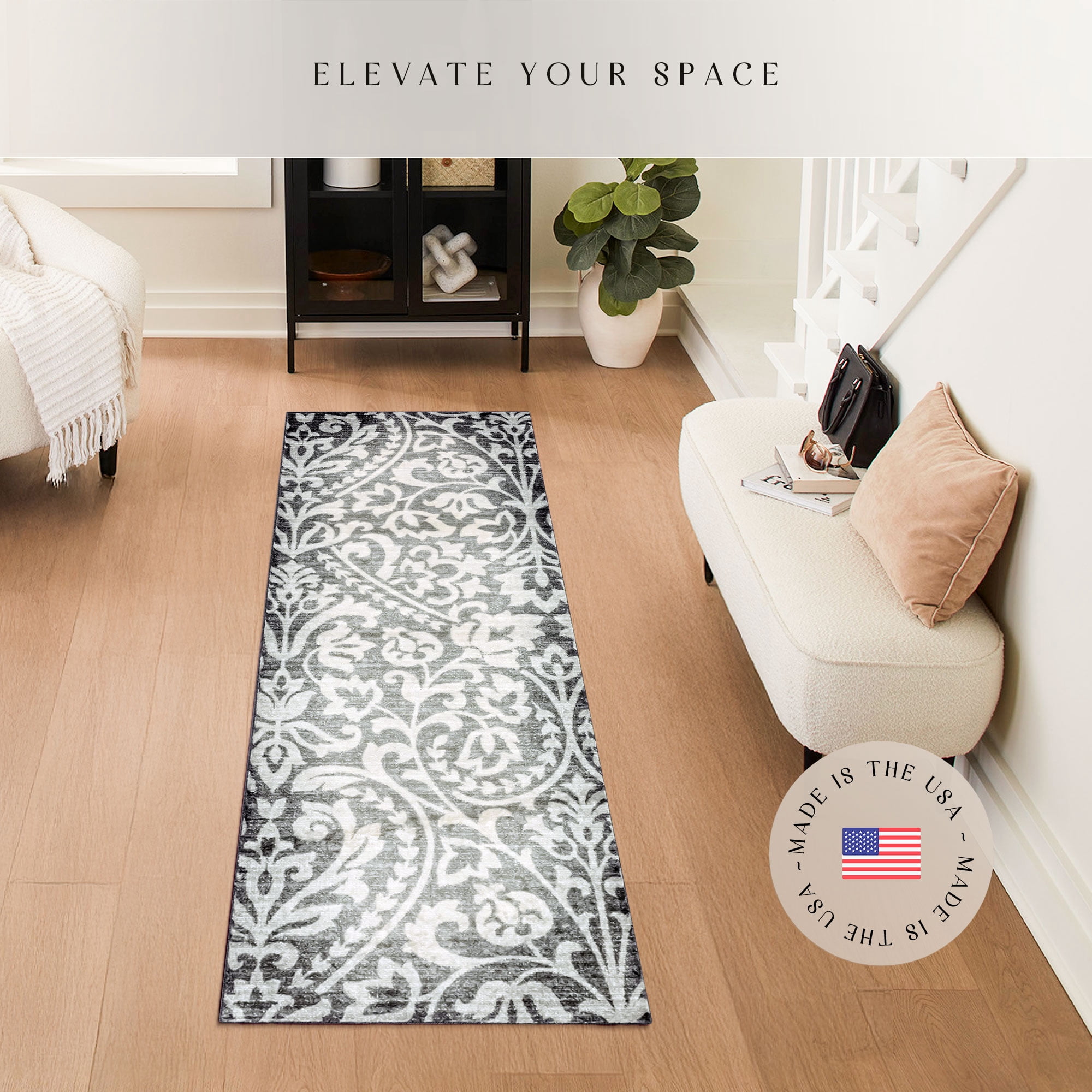 Maples Rugs Exeter Modern Floral Grey Washable Hallway Runner Rug, 2' x 6'