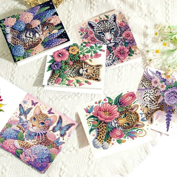6 pcs Diamond Art Painted Greeting Card, Leopard in Flower 5D DIY Special Shape Diamond Card Creative Gift, Christmas Thanksgiving Greeting Card Congratulation