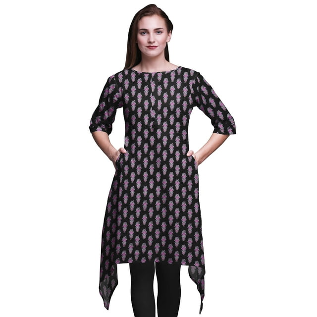 Bimba Kurti Asymétrique Noir à Imprimé Floral en Blocs pour Femmes, Robe d'Été Indienne Tunique XXX-Large