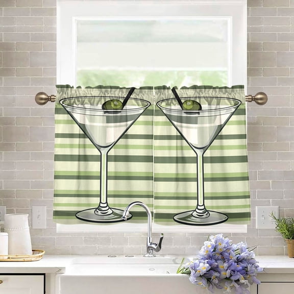 Yayeee Kitchen Curtains Tier Pair Light Filtering 27"x24" Rod Pocket Short Cafe Window Panel, Martini Glass