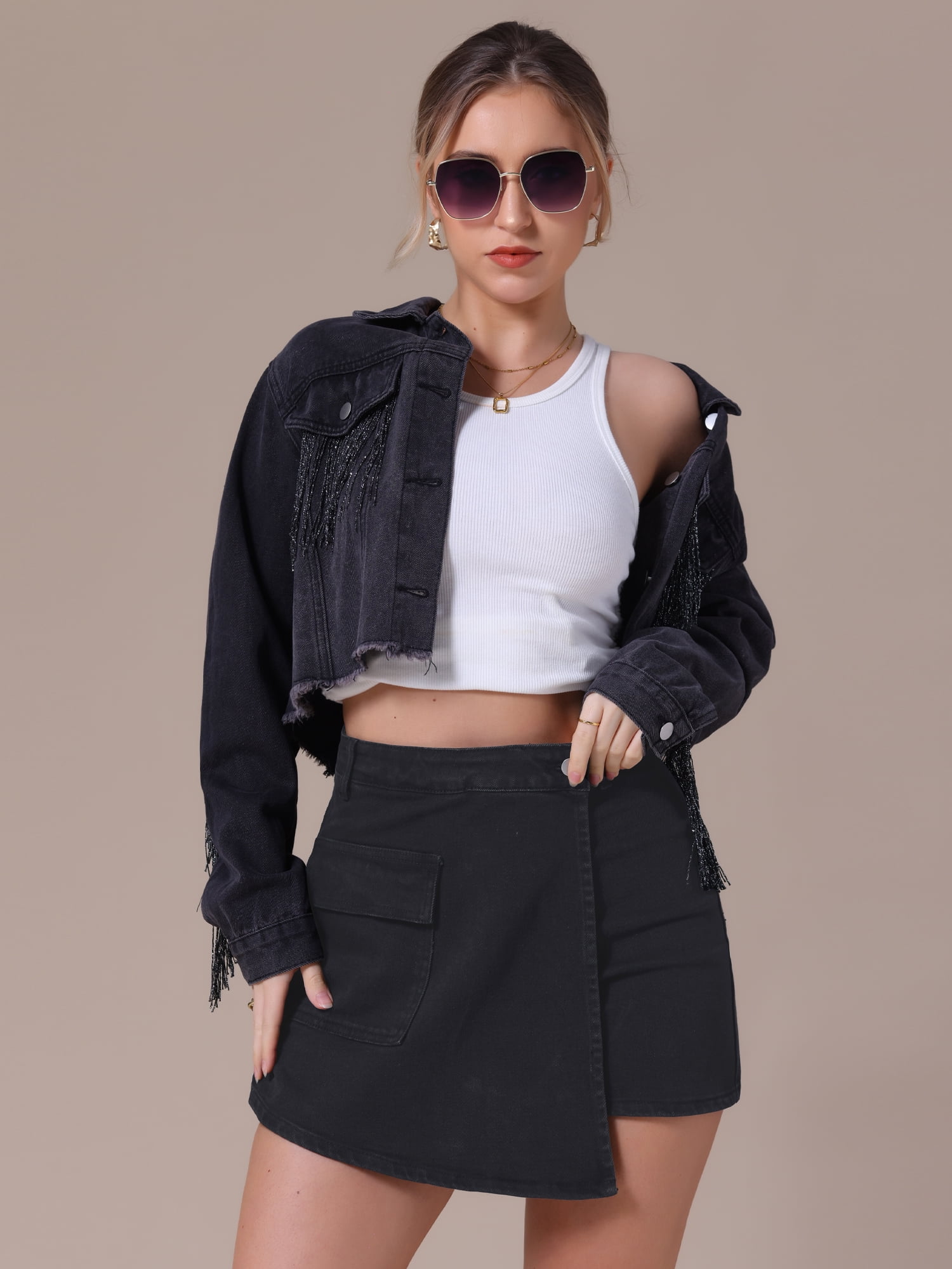 DARING DIVA Women's High Waist Western Asymmetrical Denim Cargo Skirt L Black
