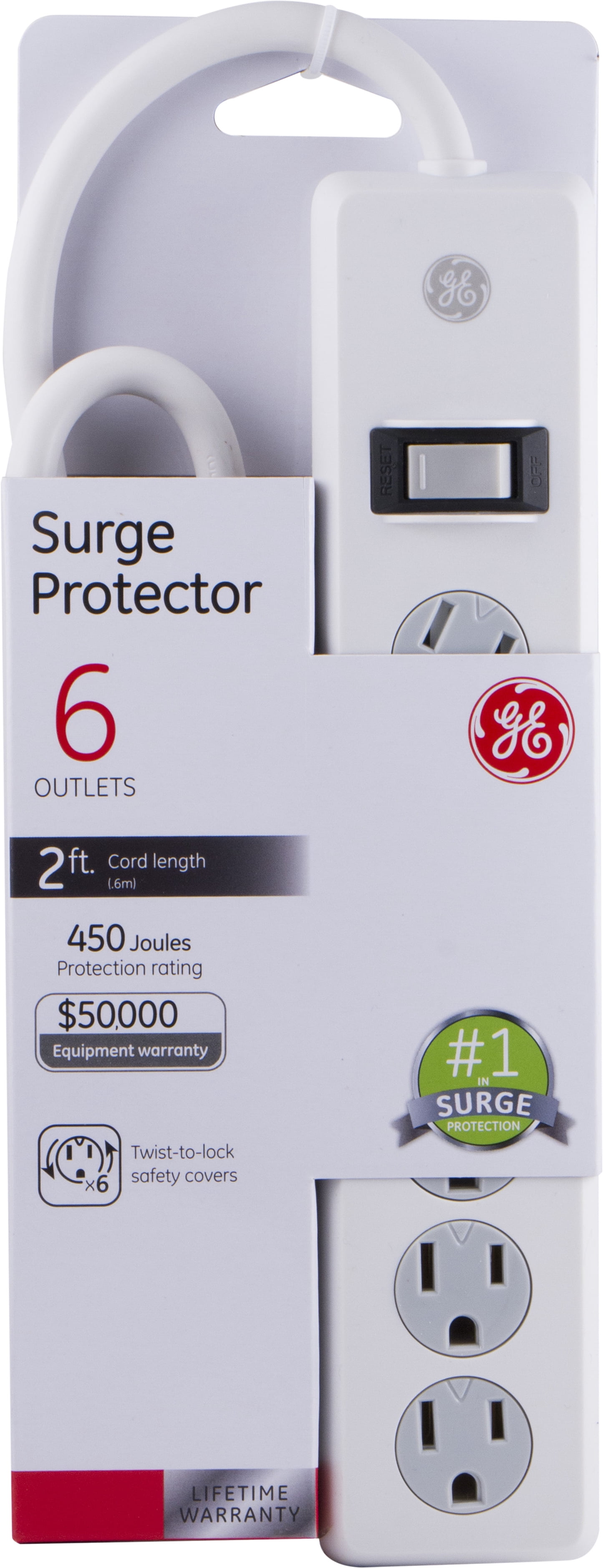 GE 6-Outlet Surge Protector, 450J, White, 2ft. – 14009