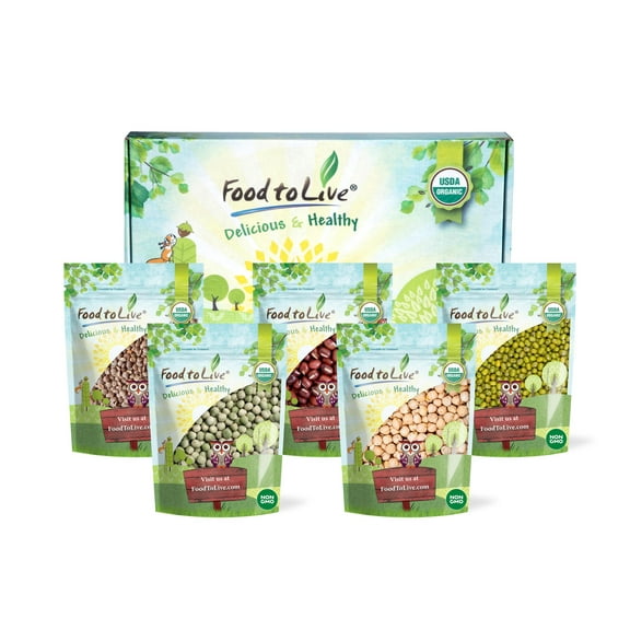 Organic Sprouting Beans, Peas, and Lentils in a Gift Box - Mung Beans, Adzuki Beans, Red Lentils, Chickpeas and Green Peas, Non-GMO, Kosher - by Food to Live