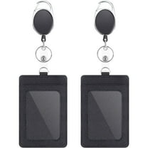2 Pack Badge Holders and Heavy Duty Retractable Reel Clips Set, Vertical Leather ID Badge Holders with 1 Clear ID Window & 2 Credit Card Slots (Black-2pcs)'