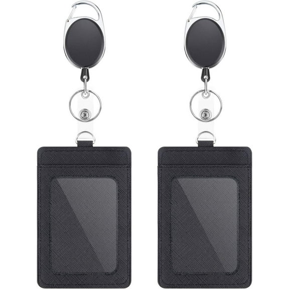 2 Pack Badge Holders and Heavy Duty Retractable Reel Clips Set, Vertical Leather ID Badge Holders with 1 Clear ID Window & 2 Credit Card Slots (Black-2pcs)'