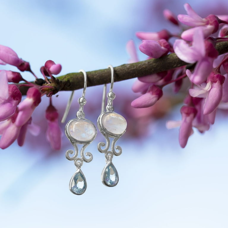 Rainbow Moonstone and Blue Topaz Earrings Sterling Silver Scroll Design Rainbow Moonstone and Blue Topaz Earrings Sterling Silver Scroll Design