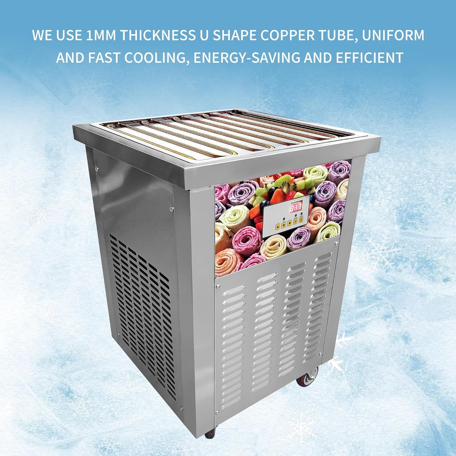 Commercial Fried Ice Cream Roll Machine, 22'' Square Pan Stir Fry Ice Cream Maker, NO HOT SPOT Electric Frozen Yogurt Flat Plate Ice Pan Rolled Machine Batch Freezer, 110V, 900W